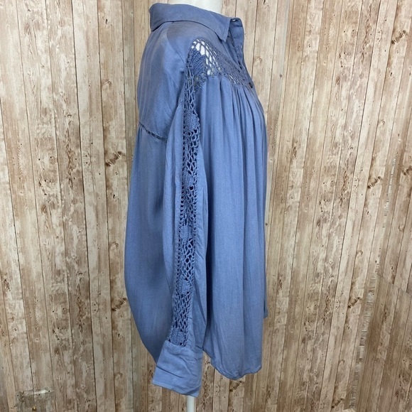 Free People Katie Bird Lace Crochet Inset Long Sleeve Boho Button Front Shirt - Picture 7 of 10